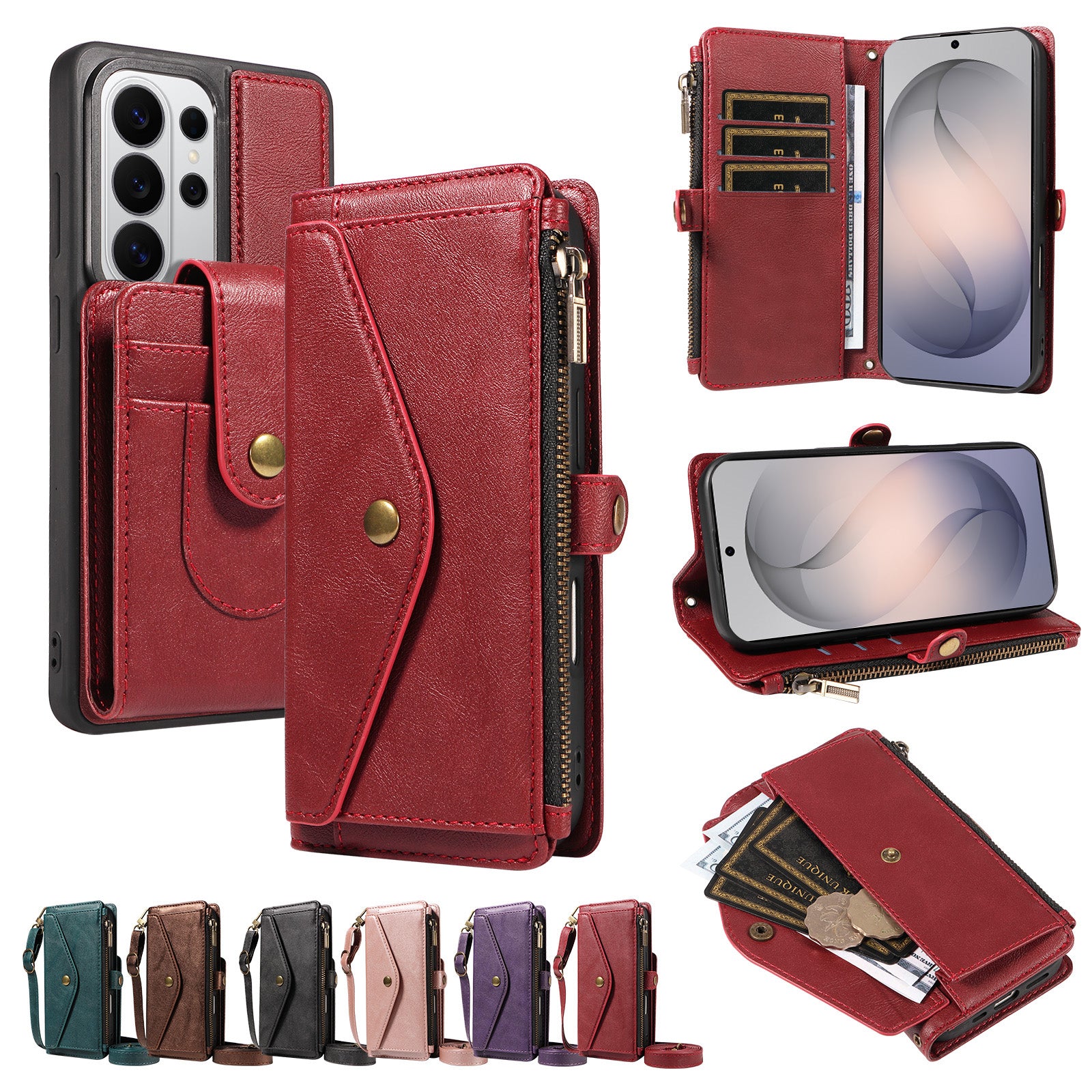 For Samsung Galaxy S26 Ultra Magnetic Case Detachable RFID Blocking Wallet PU Leather + Matte TPU Phone Cover with Straps
