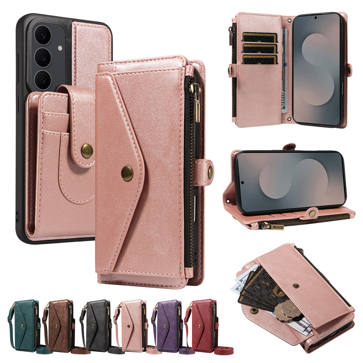 For Samsung Galaxy S25 FE Magnetic Case Detachable RFID Blocking Wallet PU Leather + Matte TPU Phone Cover with Straps