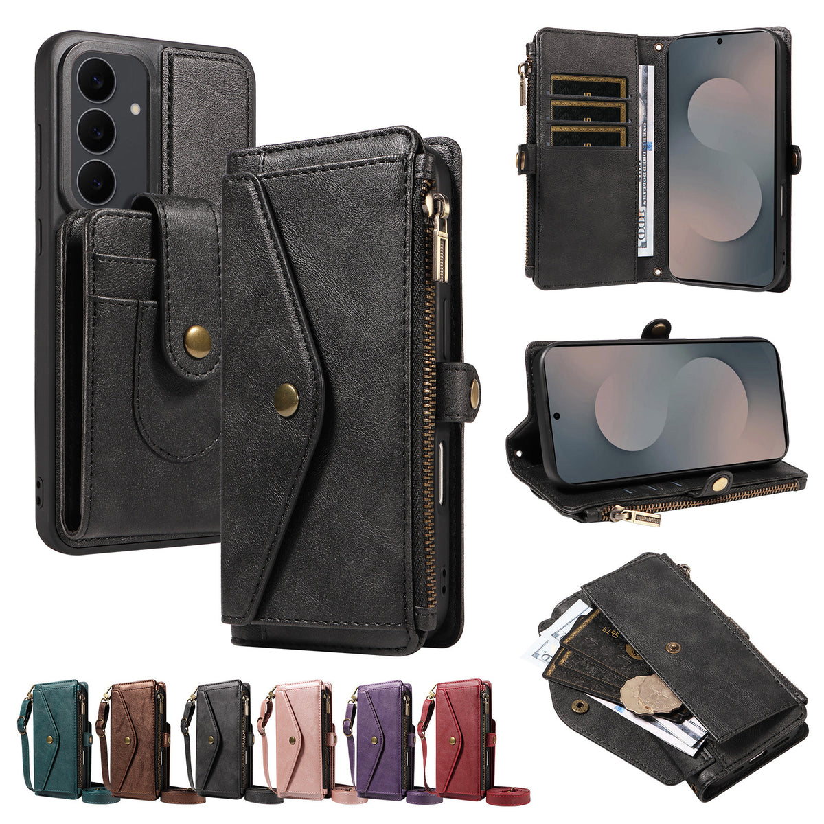 For Samsung Galaxy S25 FE Magnetic Case Detachable RFID Blocking Wallet PU Leather + Matte TPU Phone Cover with Straps