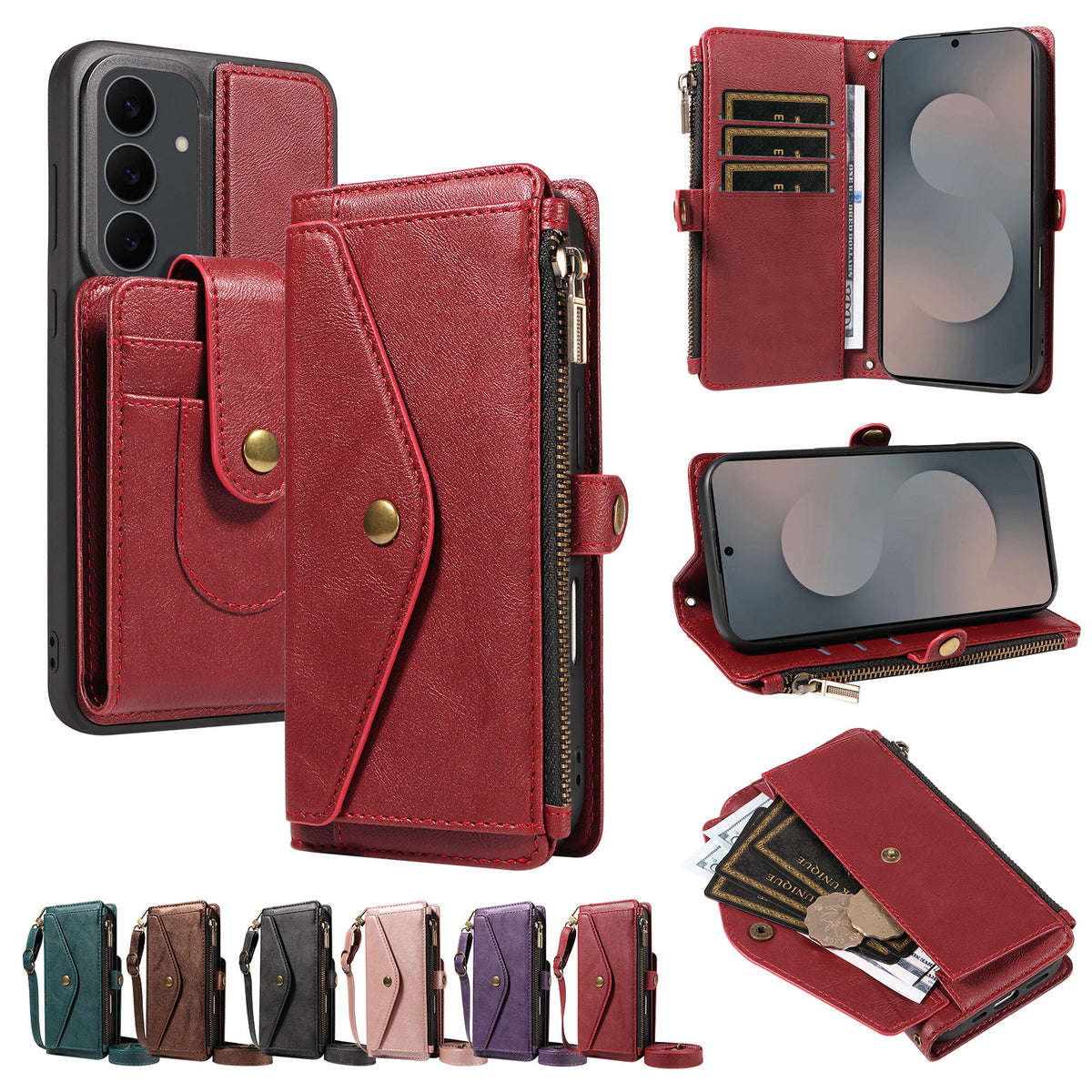 For Samsung Galaxy S25 FE Magnetic Case Detachable RFID Blocking Wallet PU Leather + Matte TPU Phone Cover with Straps