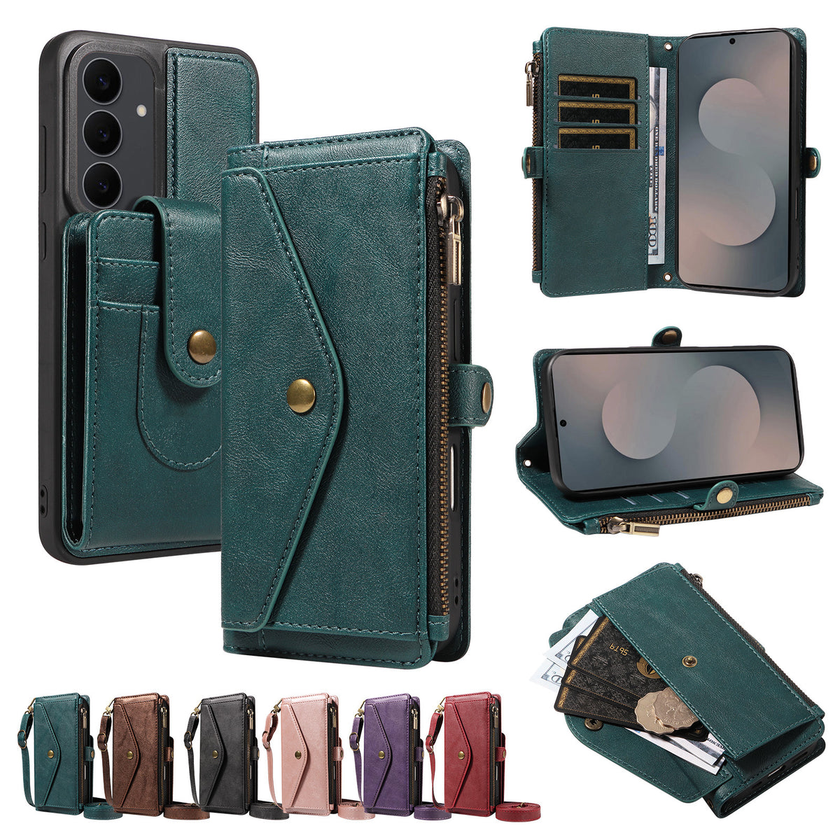 For Samsung Galaxy S25 FE Magnetic Case Detachable RFID Blocking Wallet PU Leather + Matte TPU Phone Cover with Straps