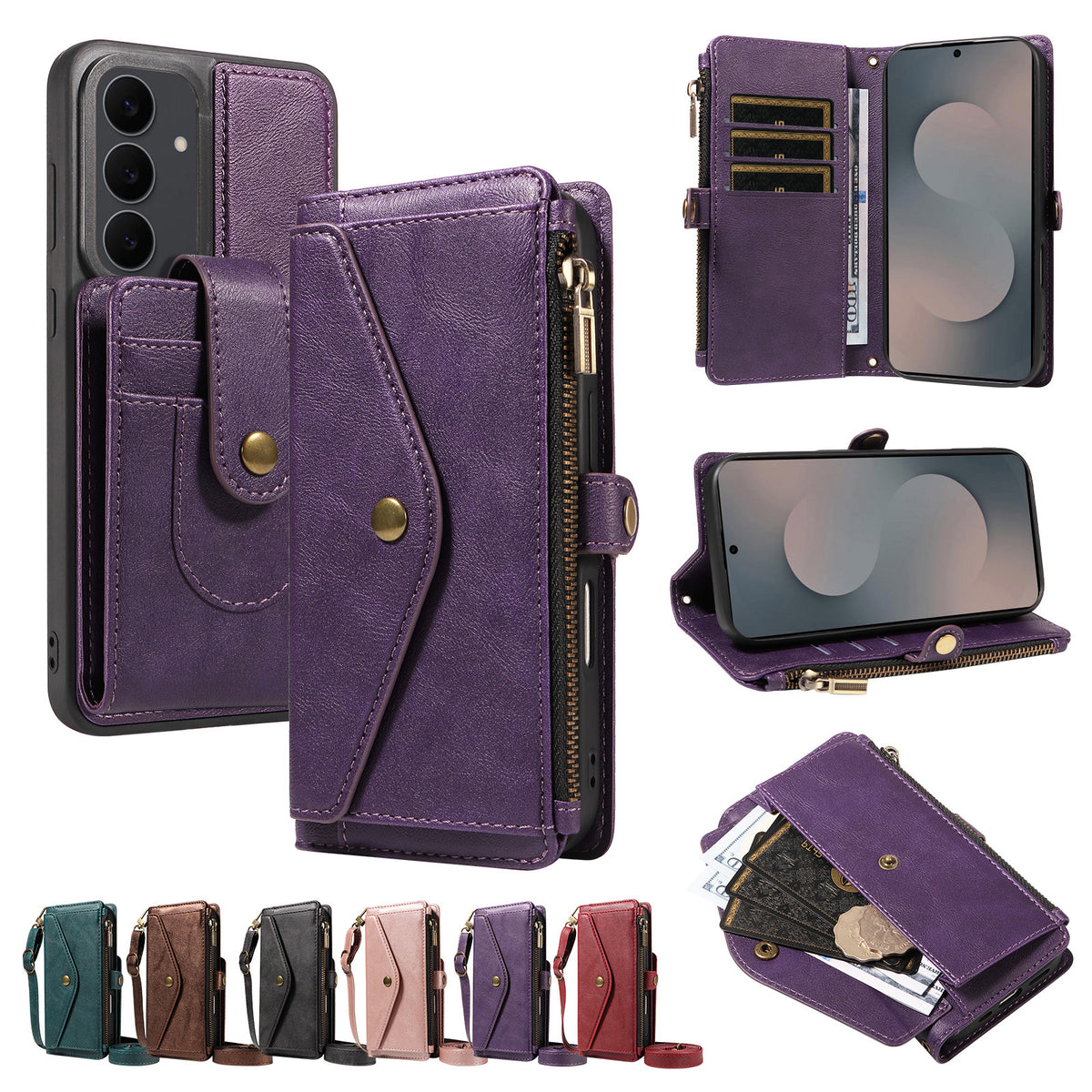 For Samsung Galaxy S25 FE Magnetic Case Detachable RFID Blocking Wallet PU Leather + Matte TPU Phone Cover with Straps