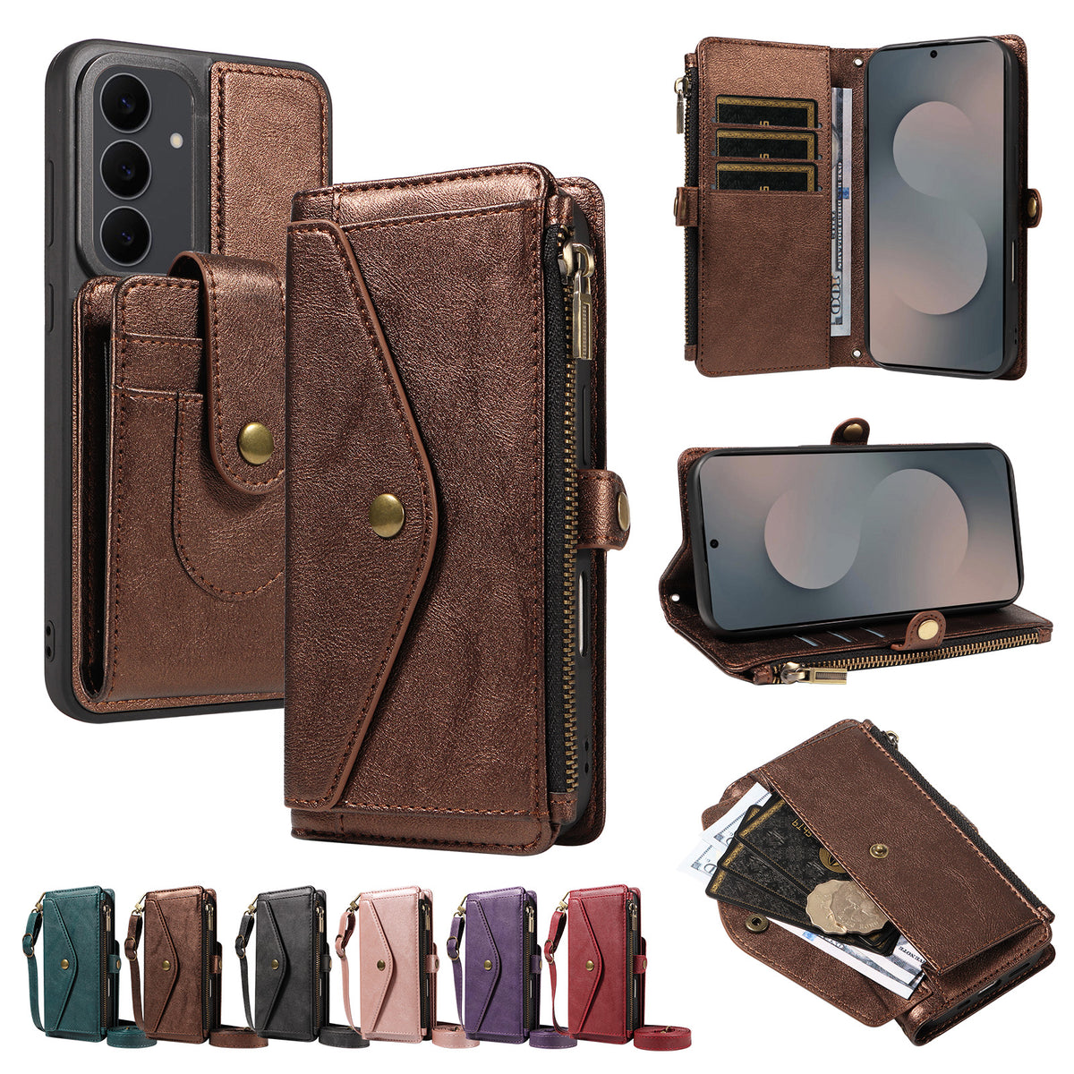 For Samsung Galaxy S25 FE Magnetic Case Detachable RFID Blocking Wallet PU Leather + Matte TPU Phone Cover with Straps