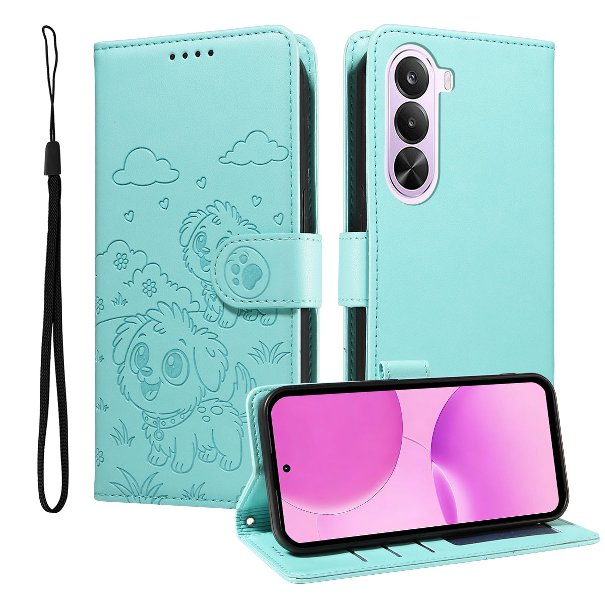 For OnePlus Nord CE6 Lite 5G / Realme P4x 5G Case RFID Blocking Imprinted Dog Pattern PU Leather Phone Cover with Wrist Strap