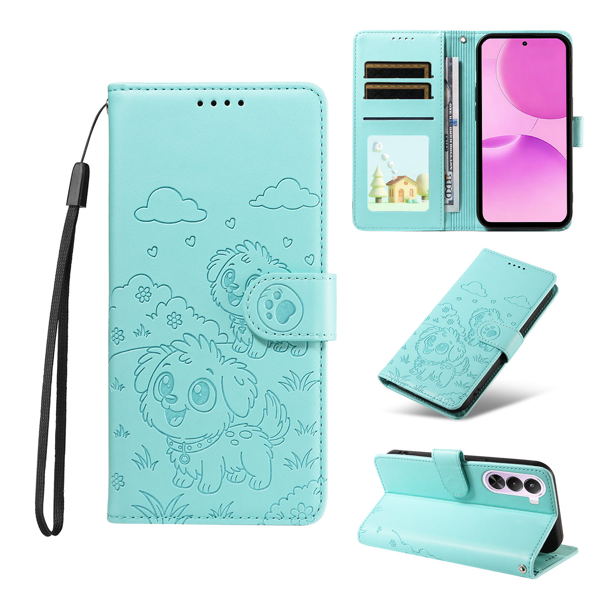 For OnePlus Nord CE6 Lite 5G / Realme P4x 5G Case RFID Blocking Imprinted Dog Pattern PU Leather Phone Cover with Wrist Strap