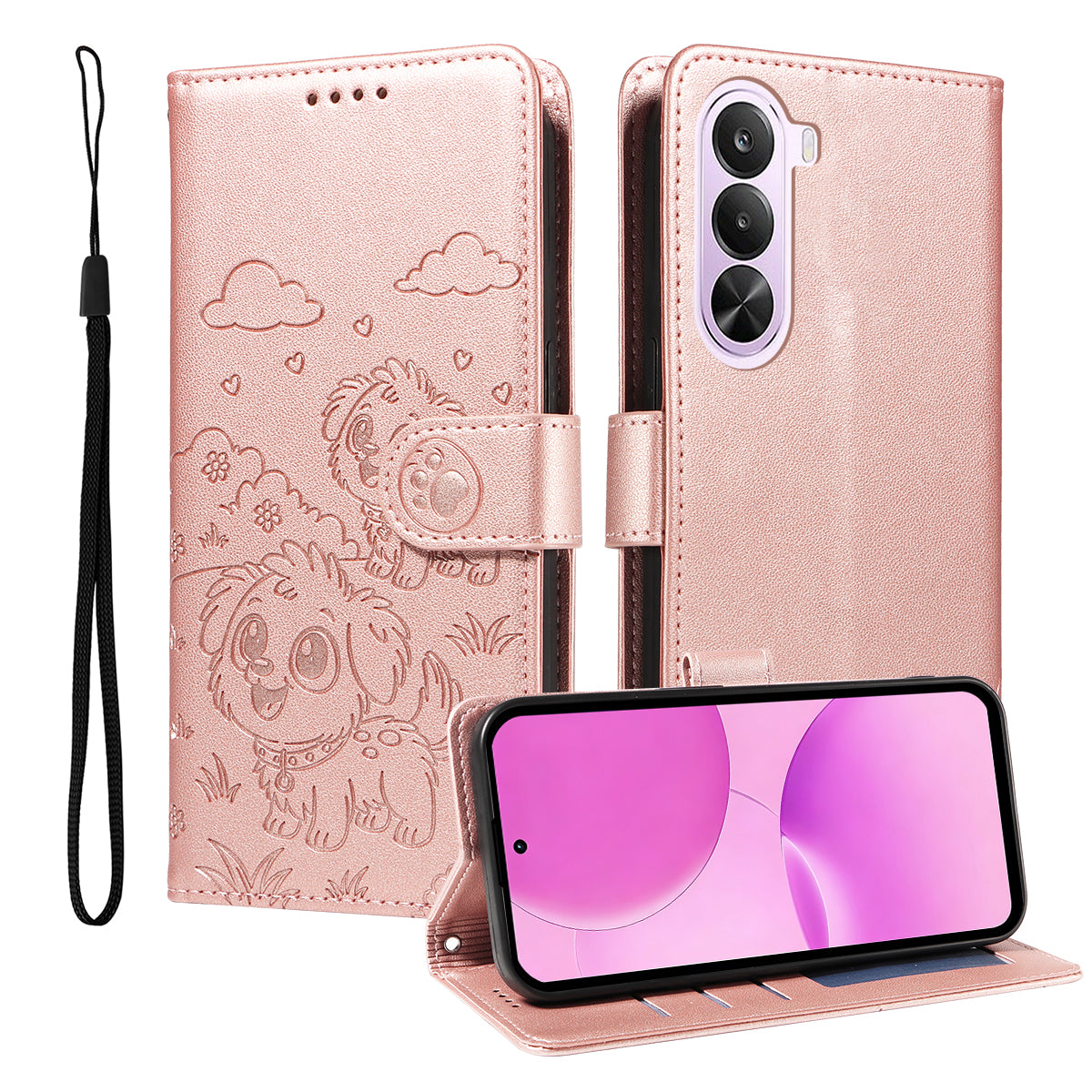 For OnePlus Nord CE6 Lite 5G / Realme P4x 5G Case RFID Blocking Imprinted Dog Pattern PU Leather Phone Cover with Wrist Strap