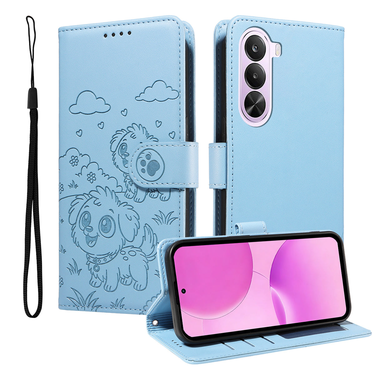For OnePlus Nord CE6 Lite 5G / Realme P4x 5G Case RFID Blocking Imprinted Dog Pattern PU Leather Phone Cover with Wrist Strap