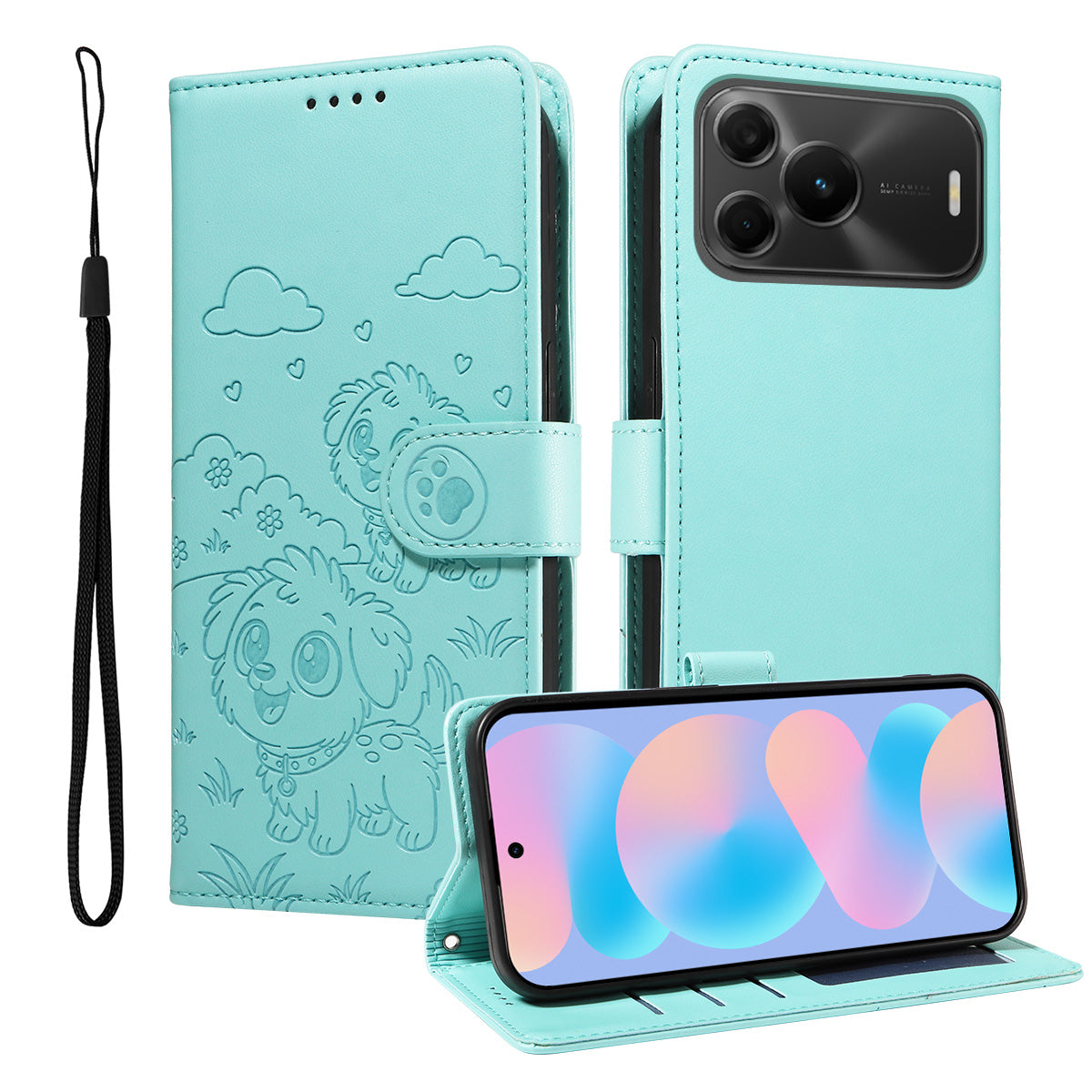 Huawei nova 16 SE 5G-skal RFID-blockerande präglat hundmönster PU-lädermobilskal med handledsrem