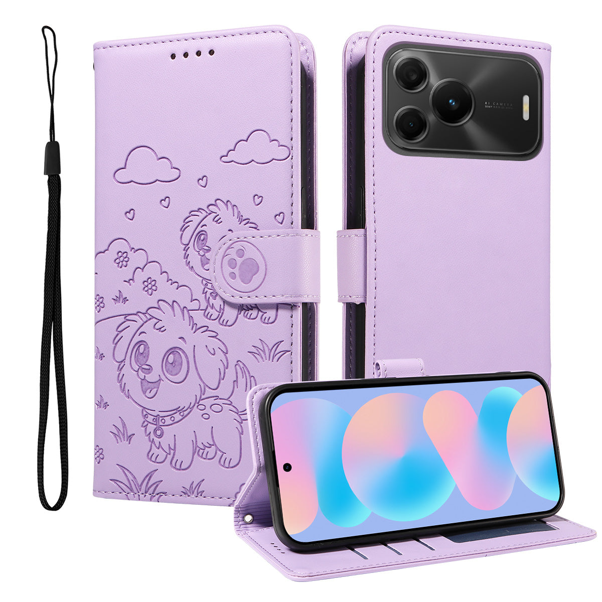 Huawei nova 16 SE 5G-skal RFID-blockerande präglat hundmönster PU-lädermobilskal med handledsrem