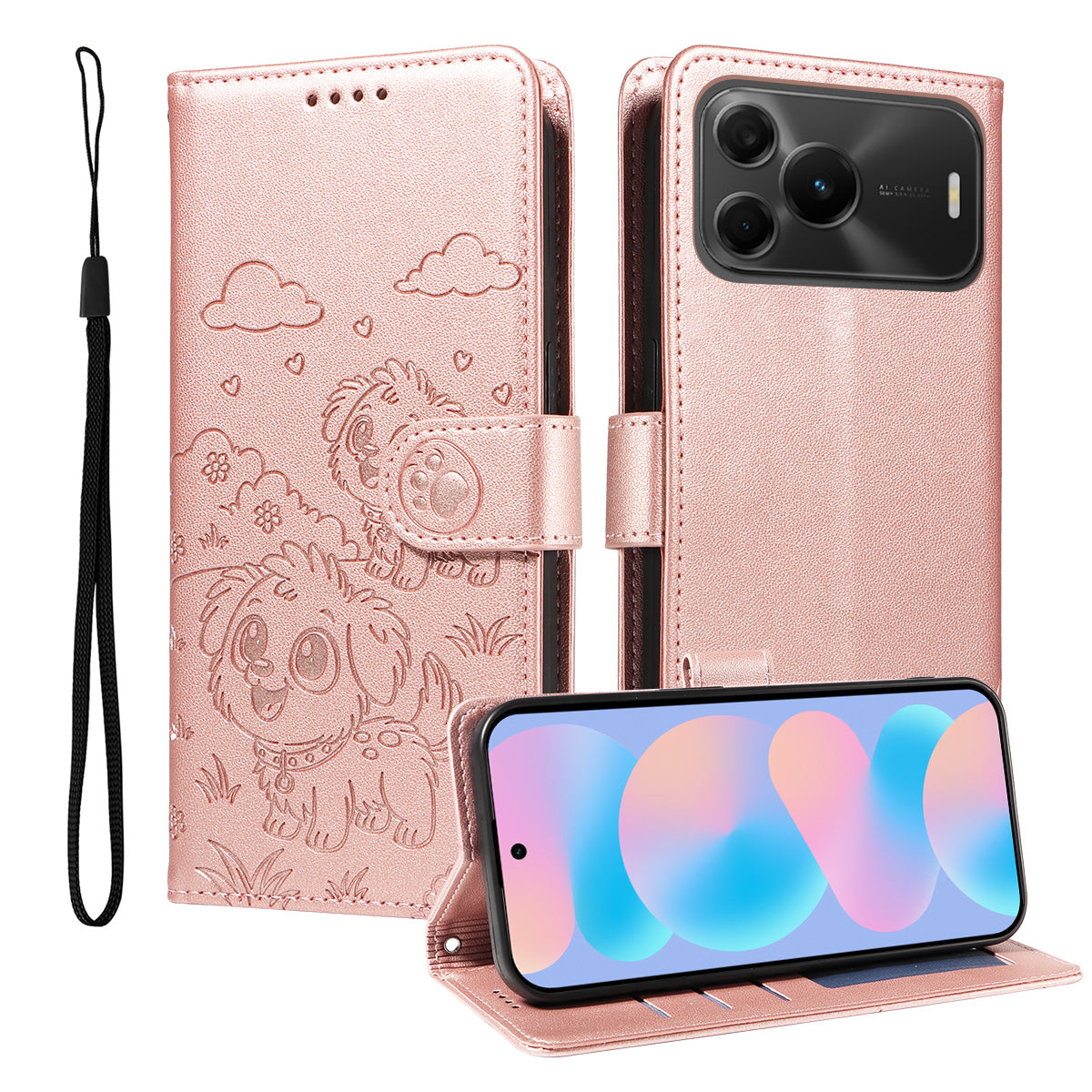 Huawei nova 16 SE 5G-etui, RFID-blokerende PU-læder-mobilcover med præget hundemønster og håndledsrem