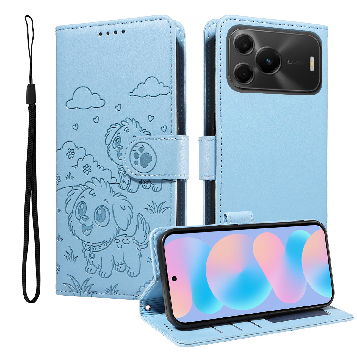 Huawei nova 16 SE 5G-skal RFID-blockerande präglat hundmönster PU-lädermobilskal med handledsrem