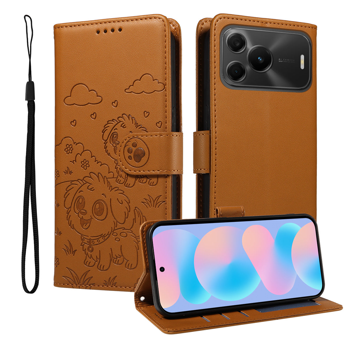 Huawei nova 16 SE 5G-skal RFID-blockerande präglat hundmönster PU-lädermobilskal med handledsrem
