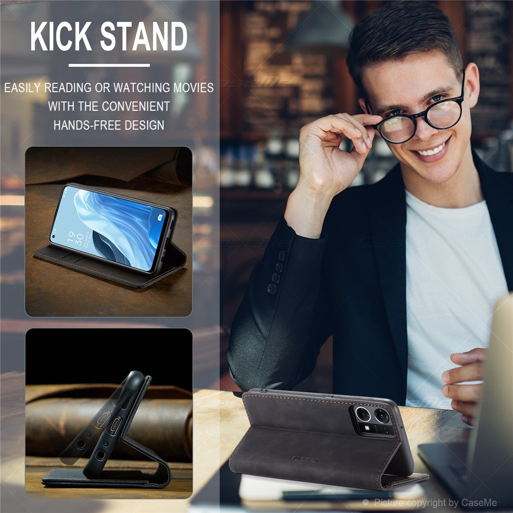 CASEME 013-serien för Oppo Reno7 4G / Reno8 4G / F21 Pro 4G PU-läder plånboksfodral magnetiskt självabsorberande stativ mobilfodral