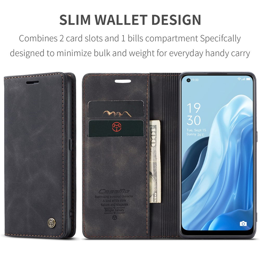CASEME 013-serien för Oppo Reno7 4G / Reno8 4G / F21 Pro 4G PU-läder plånboksfodral magnetiskt självabsorberande stativ mobilfodral