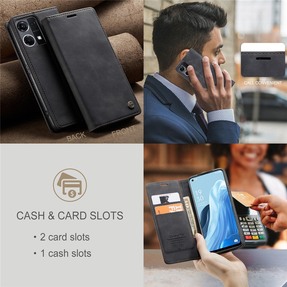 CASEME 013-serien för Oppo Reno7 4G / Reno8 4G / F21 Pro 4G PU-läder plånboksfodral magnetiskt självabsorberande stativ mobilfodral