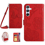 Stødsikkert cover til telefon HT03 til Samsung Galaxy A34 5G Imprintet PU-læder-cover med sommerfugle og blomster, der føles som hud, pungefunktion og skulderrem