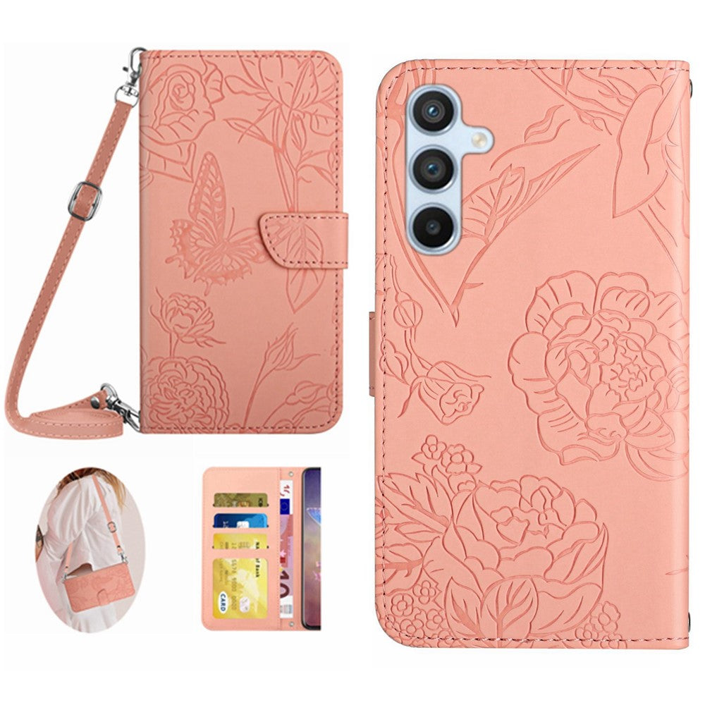 Stødsikkert cover til telefon HT03 til Samsung Galaxy A34 5G Imprintet PU-læder-cover med sommerfugle og blomster, der føles som hud, pungefunktion og skulderrem