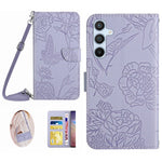 Stødsikkert cover til telefon HT03 til Samsung Galaxy A34 5G Imprintet PU-læder-cover med sommerfugle og blomster, der føles som hud, pungefunktion og skulderrem
