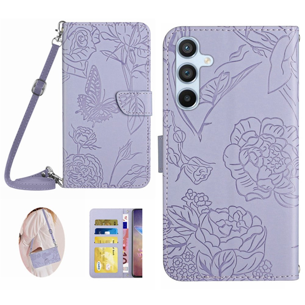 Stødsikkert cover til telefon HT03 til Samsung Galaxy A34 5G Imprintet PU-læder-cover med sommerfugle og blomster, der føles som hud, pungefunktion og skulderrem