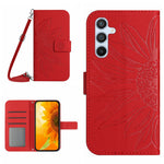 HT04 Sunflower Imprinted Phone Case for Samsung Galaxy A34 5G, PU Leather Wallet Stand Skin-touch Shockproof Phone Cover with Shoulder Strap