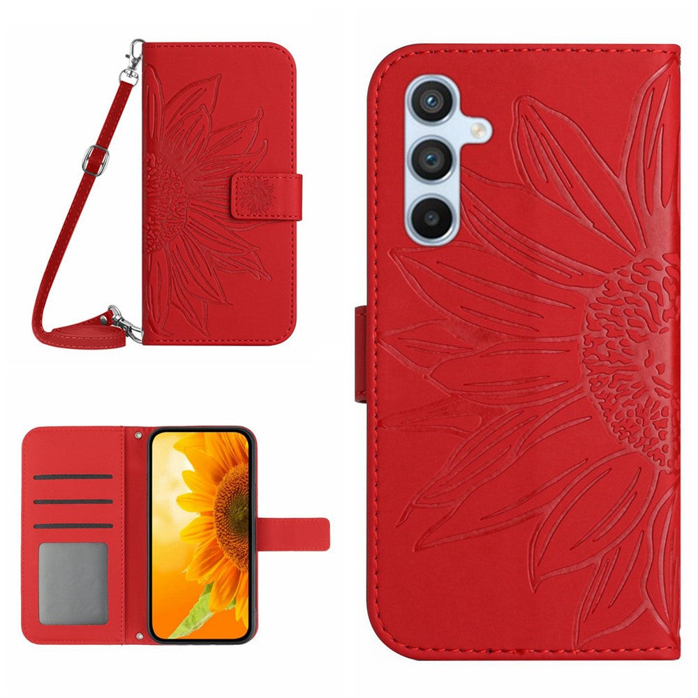 HT04 Sunflower Imprinted Phone Case for Samsung Galaxy A34 5G, PU Leather Wallet Stand Skin-touch Shockproof Phone Cover with Shoulder Strap