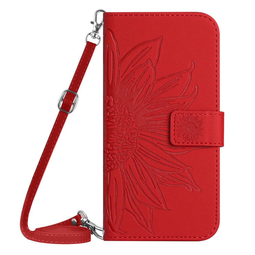HT04 Sunflower Imprinted Phone Case for Samsung Galaxy A34 5G, PU Leather Wallet Stand Skin-touch Shockproof Phone Cover with Shoulder Strap