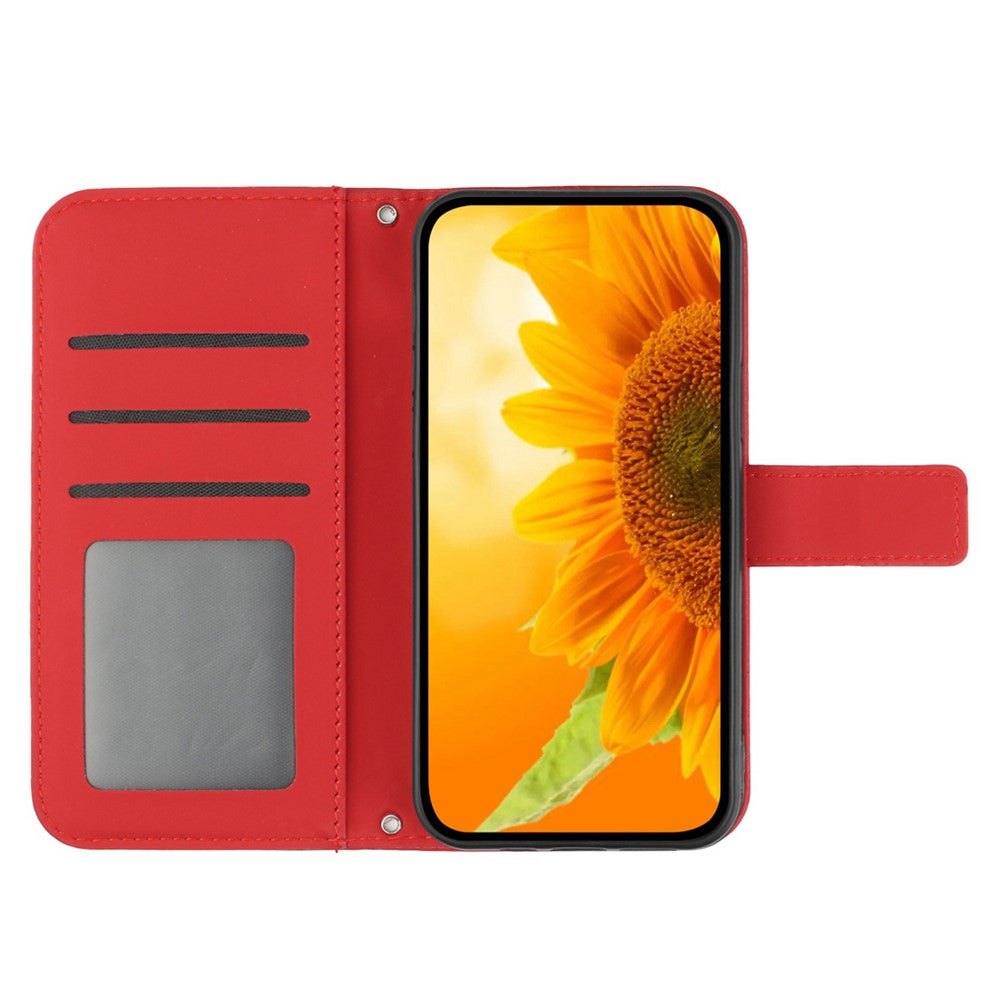 HT04 Sunflower Imprinted Phone Case for Samsung Galaxy A34 5G, PU Leather Wallet Stand Skin-touch Shockproof Phone Cover with Shoulder Strap