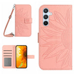 HT04 Sunflower Imprinted Phone Case for Samsung Galaxy A34 5G, PU Leather Wallet Stand Skin-touch Shockproof Phone Cover with Shoulder Strap