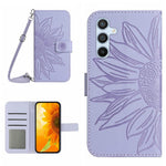 HT04 Sunflower Imprinted Phone Case for Samsung Galaxy A34 5G, PU Leather Wallet Stand Skin-touch Shockproof Phone Cover with Shoulder Strap