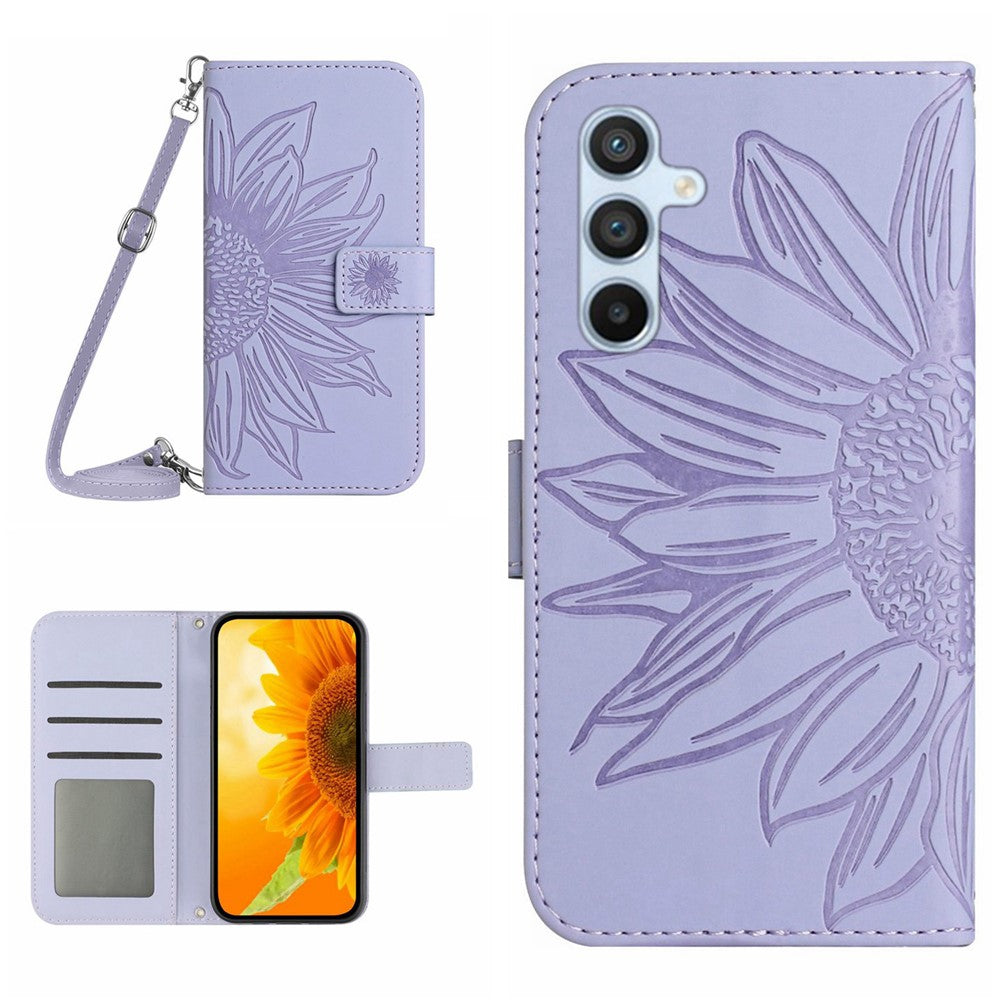 HT04 Sunflower Imprinted Phone Case for Samsung Galaxy A34 5G, PU Leather Wallet Stand Skin-touch Shockproof Phone Cover with Shoulder Strap
