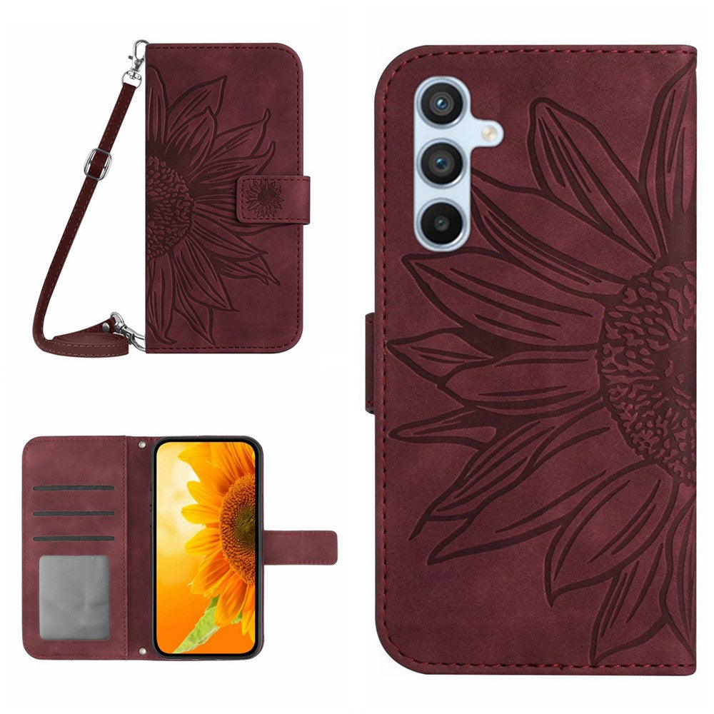 HT04 Sunflower Imprinted Phone Case for Samsung Galaxy A34 5G, PU Leather Wallet Stand Skin-touch Shockproof Phone Cover with Shoulder Strap