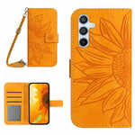 HT04 Sunflower Imprinted Phone Case for Samsung Galaxy A34 5G, PU Leather Wallet Stand Skin-touch Shockproof Phone Cover with Shoulder Strap
