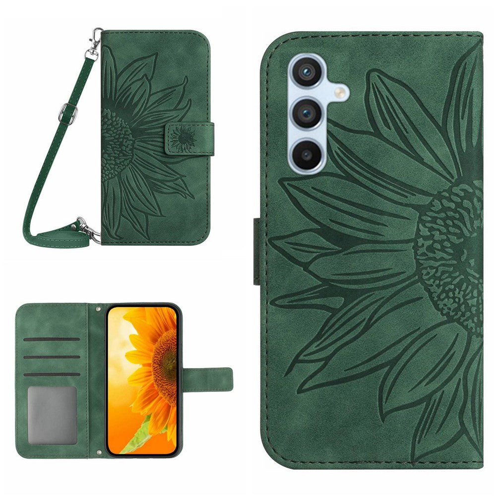 HT04 Sunflower Imprinted Phone Case for Samsung Galaxy A34 5G, PU Leather Wallet Stand Skin-touch Shockproof Phone Cover with Shoulder Strap