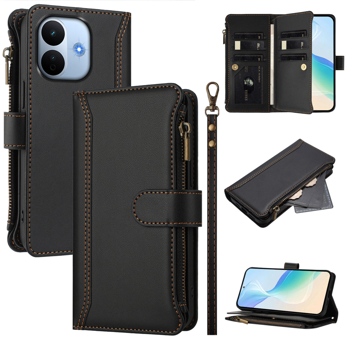 Xiaomi Redmi Note 17 Pro Max 5G / Xiaomi Redmi Note 17 Pro+ 5G Läderfodral 9 Kortfack Dragkedja Plånboksfodral med Handledsrem