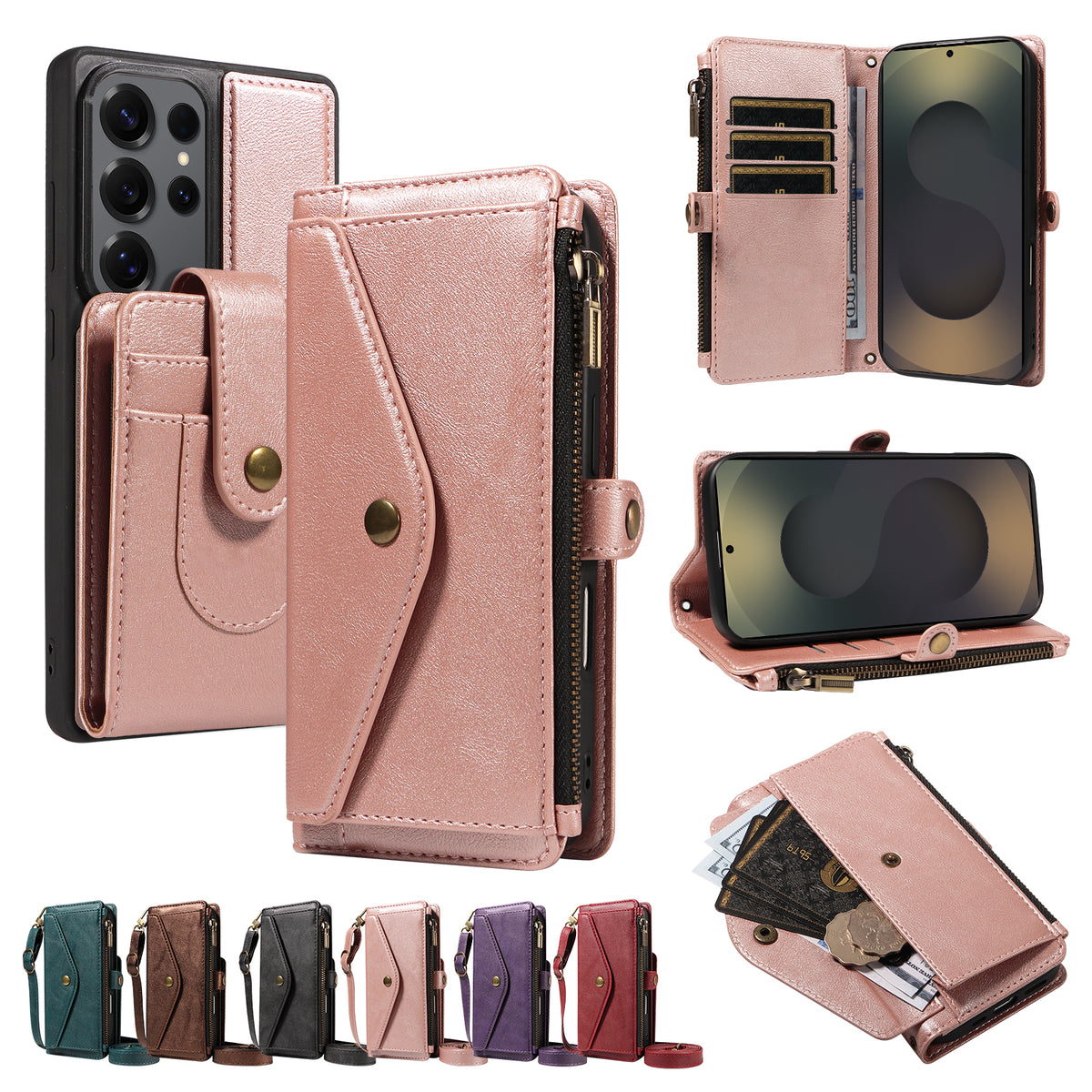 For Samsung Galaxy S25 Ultra Magnetic Case Detachable RFID Blocking Wallet PU Leather + Matte TPU Phone Cover with Straps
