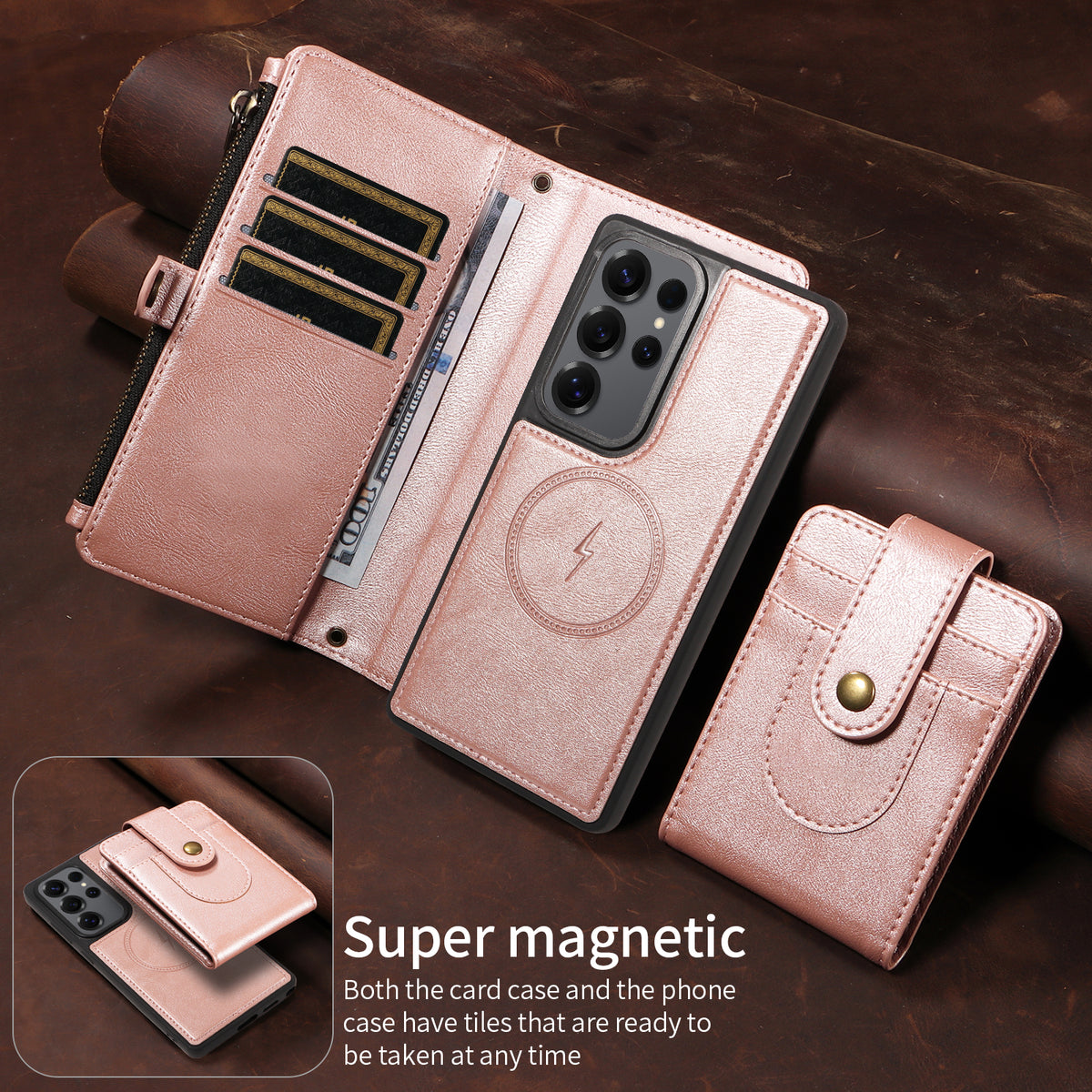 For Samsung Galaxy S25 Ultra Magnetic Case Detachable RFID Blocking Wallet PU Leather + Matte TPU Phone Cover with Straps
