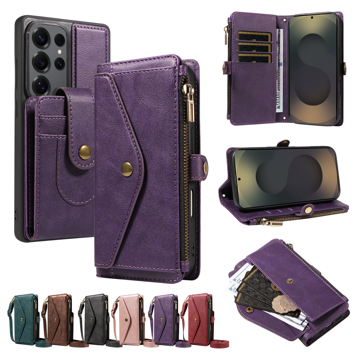 For Samsung Galaxy S25 Ultra Magnetic Case Detachable RFID Blocking Wallet PU Leather + Matte TPU Phone Cover with Straps