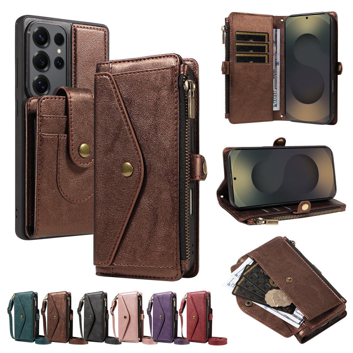 For Samsung Galaxy S25 Ultra Magnetic Case Detachable RFID Blocking Wallet PU Leather + Matte TPU Phone Cover with Straps