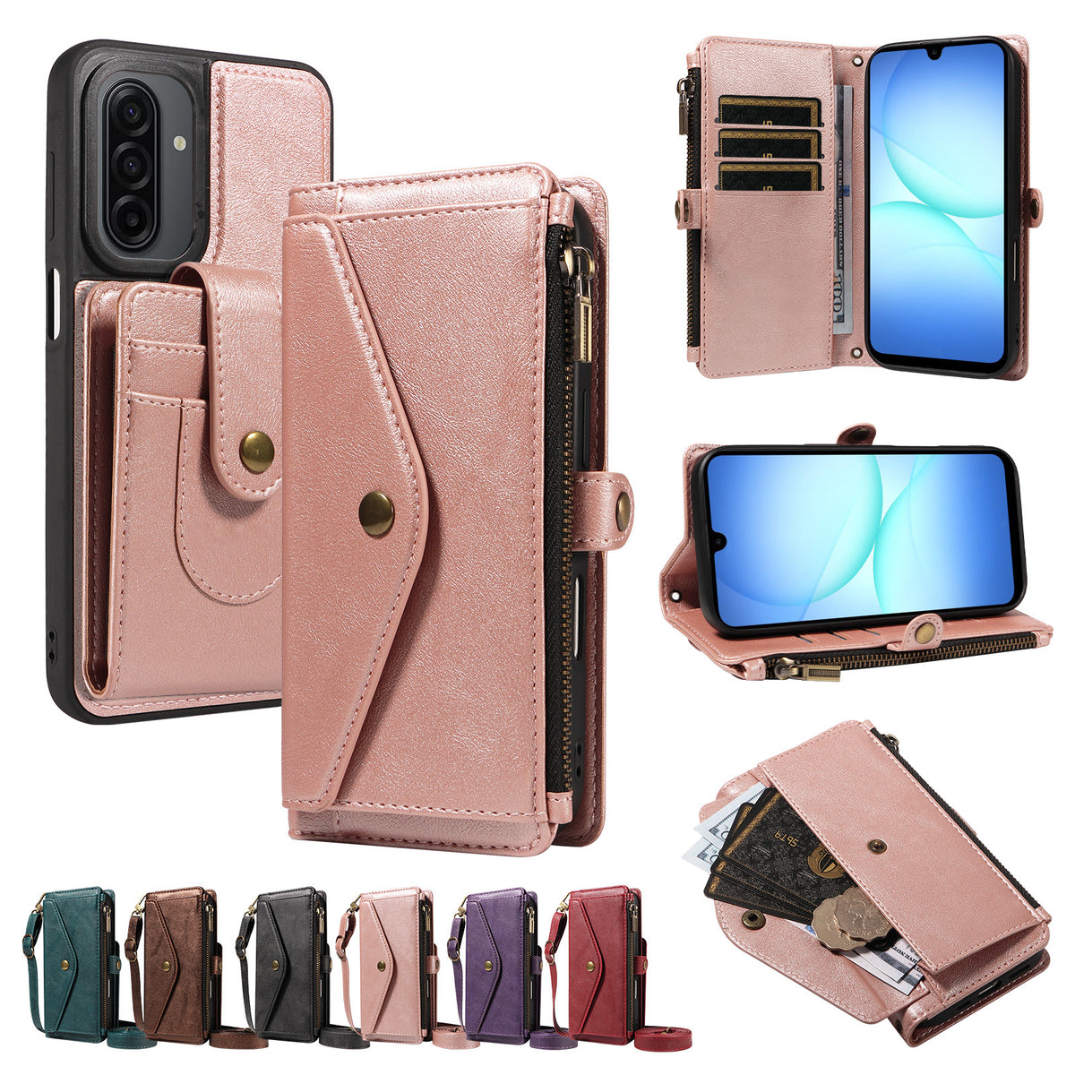 Samsung Galaxy A17 4G / Galaxy M17 5G / Galaxy F17 5G / Galaxy A17 5G Magnetiskt fodral Avtagbart RFID-blockerande plånbok PU-läder + Matt TPU mobilskal med remmar