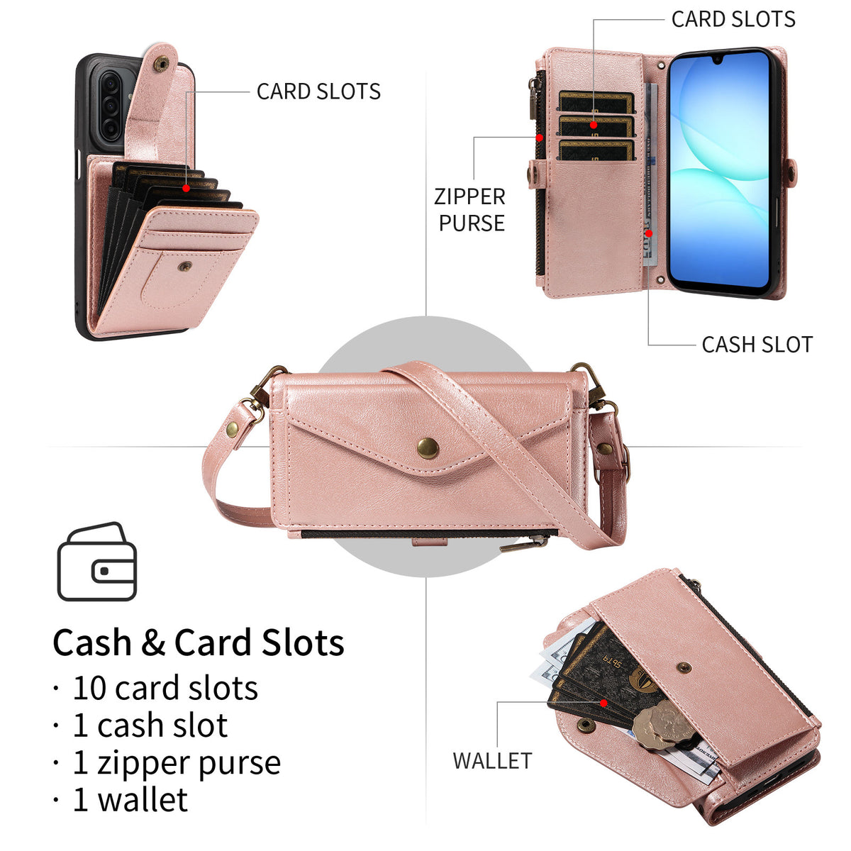 Samsung Galaxy A17 4G / Galaxy M17 5G / Galaxy F17 5G / Galaxy A17 5G Magnetiskt fodral Avtagbart RFID-blockerande plånbok PU-läder + Matt TPU mobilskal med remmar