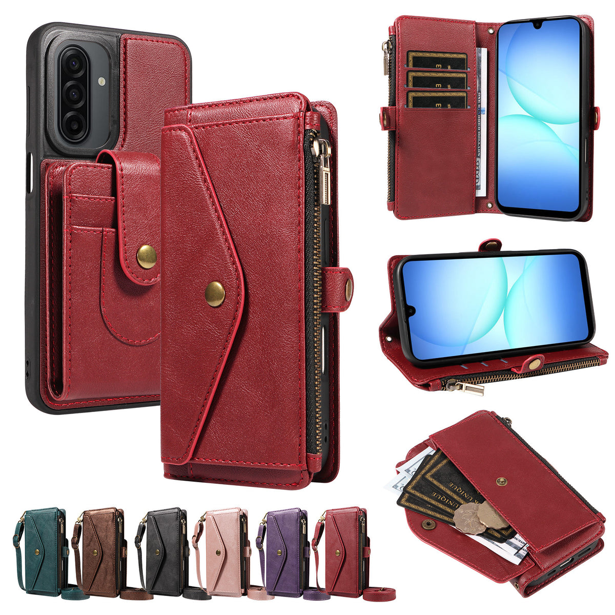 Samsung Galaxy A17 4G / Galaxy M17 5G / Galaxy F17 5G / Galaxy A17 5G Magnetiskt fodral Avtagbart RFID-blockerande plånbok PU-läder + Matt TPU mobilskal med remmar
