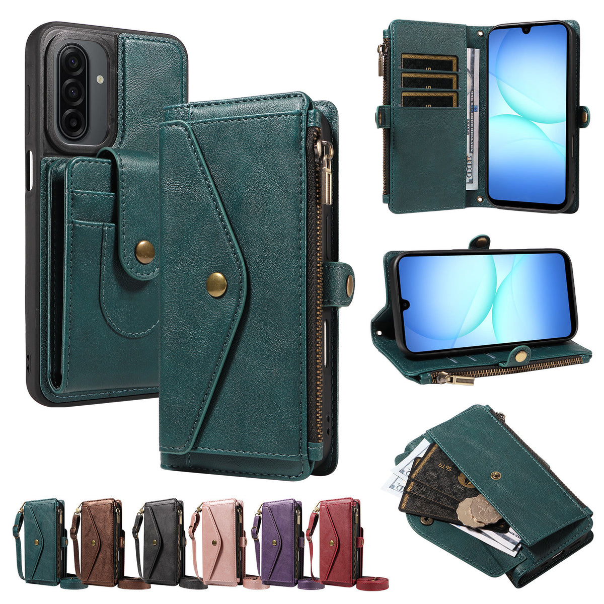 Samsung Galaxy A17 4G / Galaxy M17 5G / Galaxy F17 5G / Galaxy A17 5G Magnetiskt fodral Avtagbart RFID-blockerande plånbok PU-läder + Matt TPU mobilskal med remmar