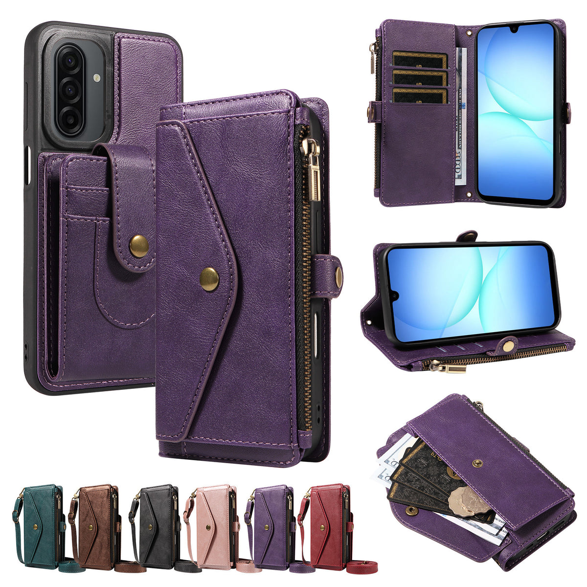 Samsung Galaxy A17 4G / Galaxy M17 5G / Galaxy F17 5G / Galaxy A17 5G Magnetiskt fodral Avtagbart RFID-blockerande plånbok PU-läder + Matt TPU mobilskal med remmar