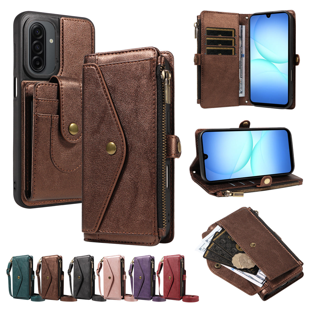 Samsung Galaxy A17 4G / Galaxy M17 5G / Galaxy F17 5G / Galaxy A17 5G Magnetiskt fodral Avtagbart RFID-blockerande plånbok PU-läder + Matt TPU mobilskal med remmar