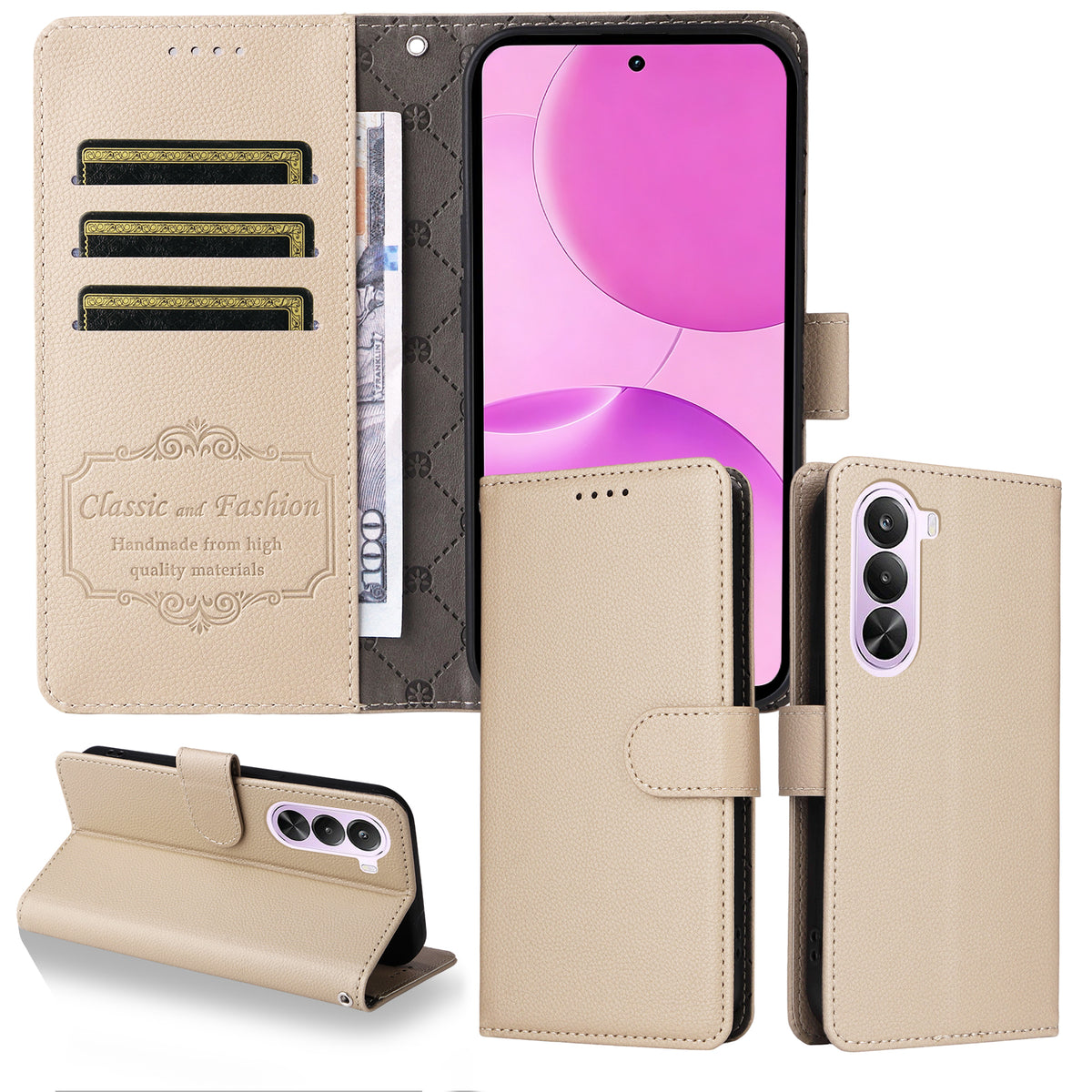 OnePlus Nord CE6 Lite 5G / Realme P4x 5G-skal RFID-blockerande 3 kortplatser PU-lädermobilskal med handledsrem