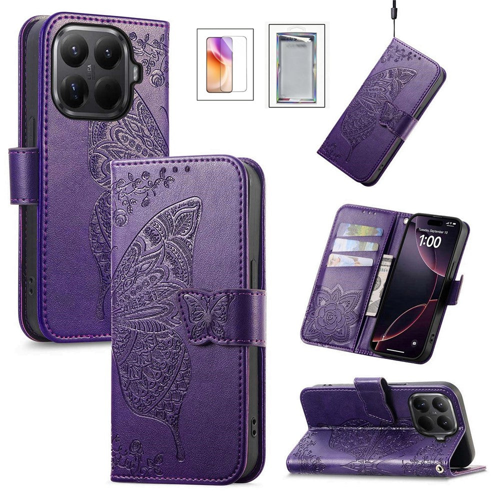 For Xiaomi Wallet Case Butterfly Pattern PU Leather Phone Cover with Tempered Glass Screen Protector
