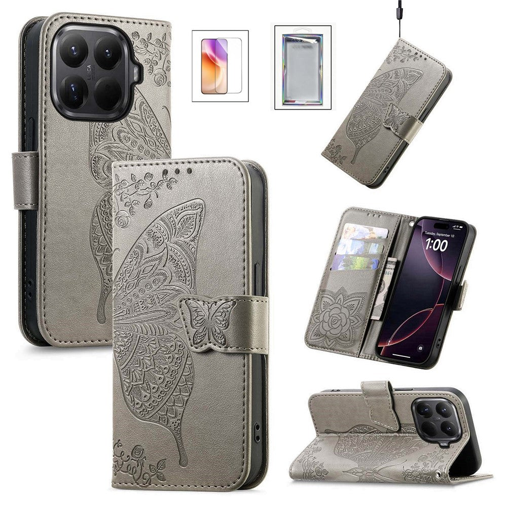 For Xiaomi Wallet Case Butterfly Pattern PU Leather Phone Cover with Tempered Glass Screen Protector