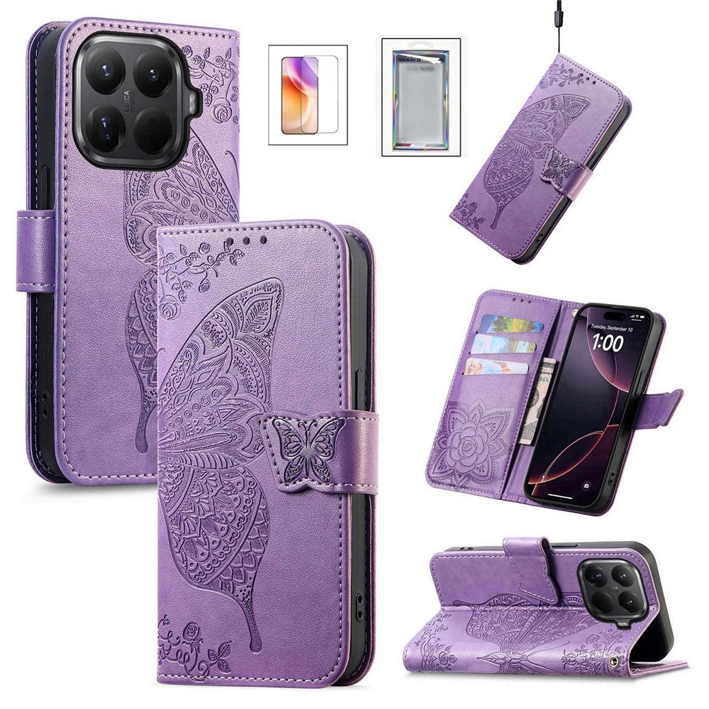 For Xiaomi Wallet Case Butterfly Pattern PU Leather Phone Cover with Tempered Glass Screen Protector