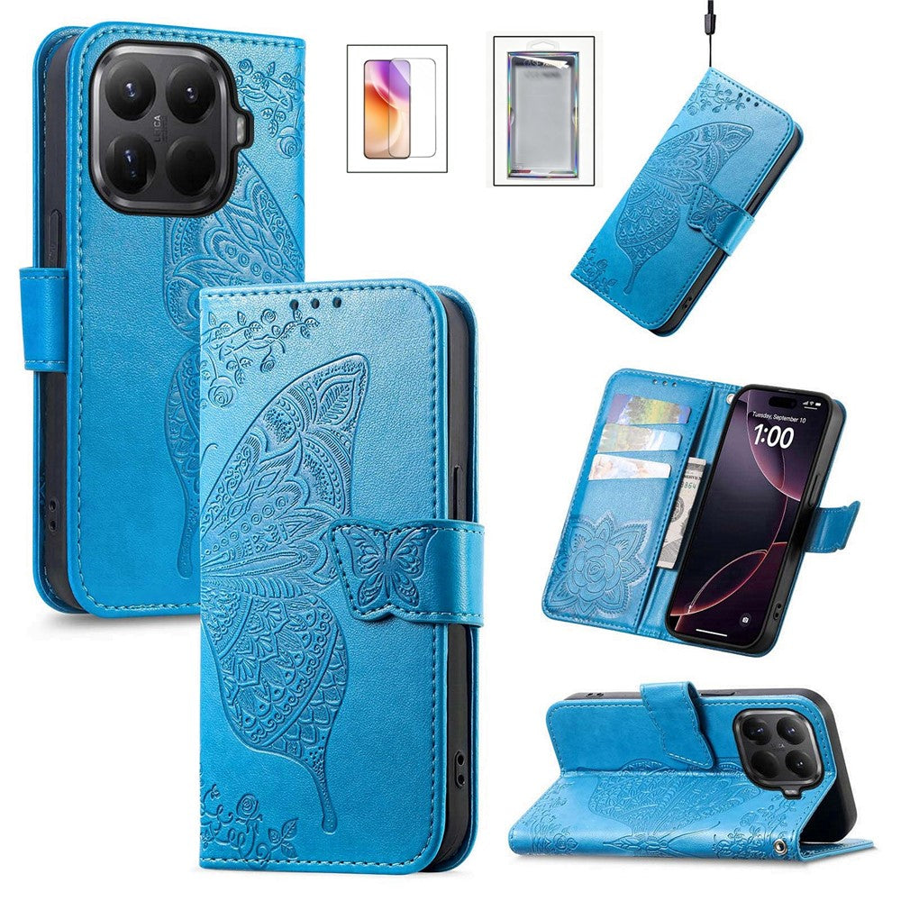 For Xiaomi Wallet Case Butterfly Pattern PU Leather Phone Cover with Tempered Glass Screen Protector