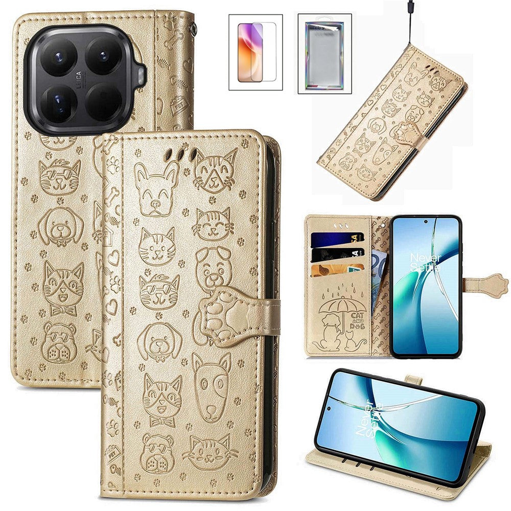 For Xiaomi 17T Case with Tempered Glass Screen Protector Cute Cat Dog Pattern PU Leather Wallet Phone Cover